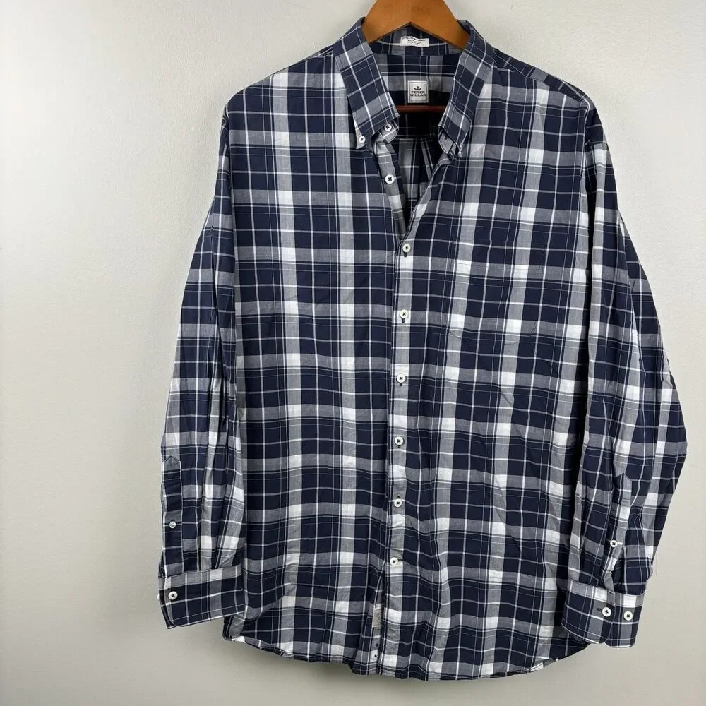 Peter Millar Men XXL Blue Plaid Shirt Cotton Button Down Shirt Long Sleeve